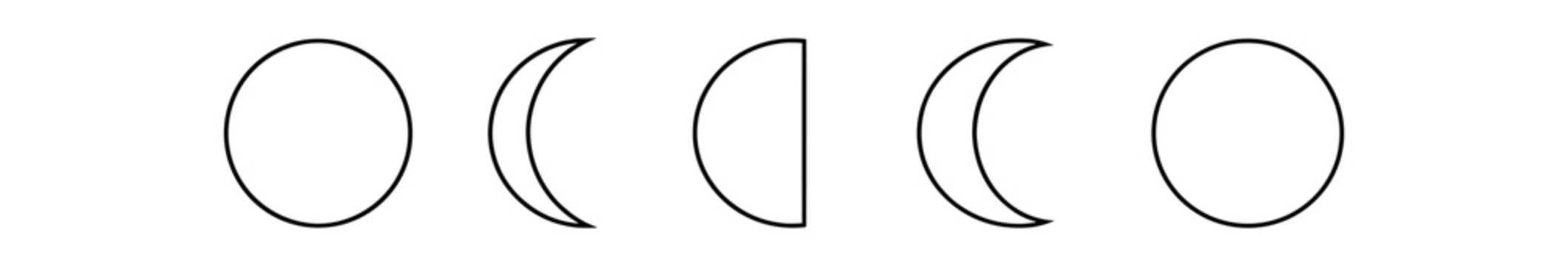 Moon phases icon set. lunar phases, full moon, crescent, half moon, waxing, waning, cycle, astronomy, night sky, calendar, tidal. line and flat vector illustration.