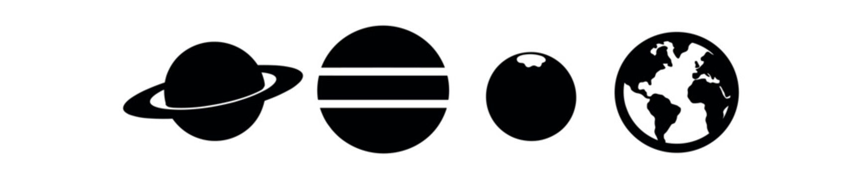 Planet icons set. saturn and generic planet silhouettes, globe, world, astronomy symbols, round celestial bodies. line, flat and colored vector icon set.