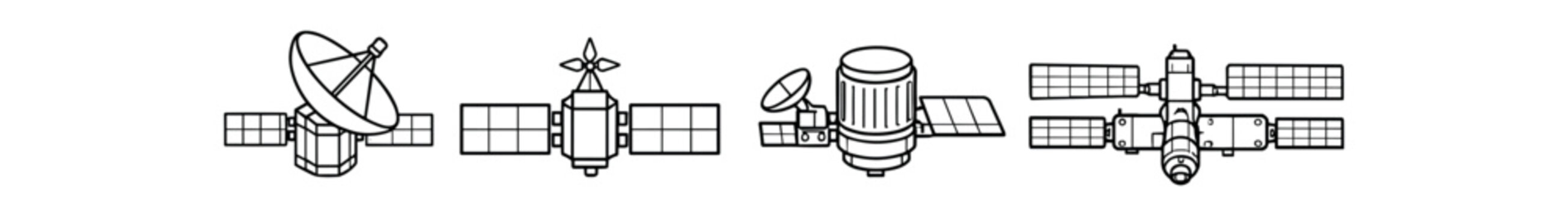 Satellite icon set. satellite, communication, antenna, dish, solar panels, telemetry, orbit, spacecraft. line and flat vector illustration.