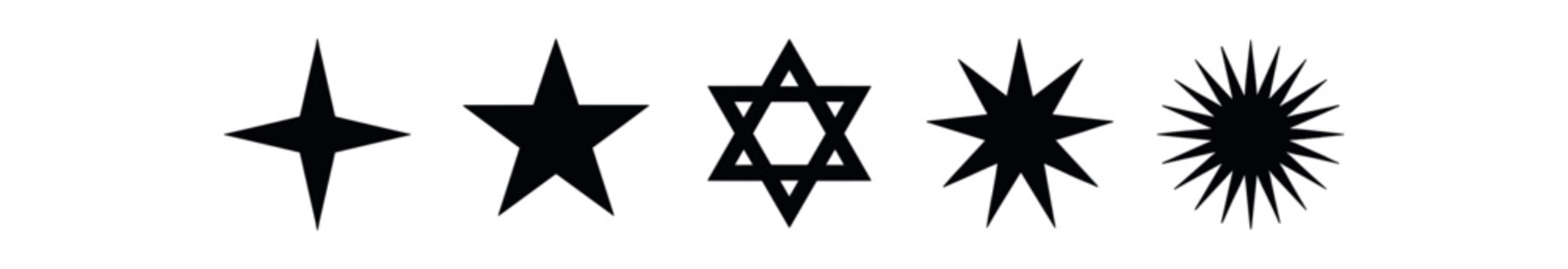 Star shapes icon set. four-point star, five-point star, hexagram, multi-point burst, sunburst, celestial, decorative, navigation, rating. flat vector illustration isolated on white background.