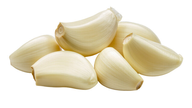 Several fresh unpeeled garlic cloves with smooth ivory surfaces showcasing natural textures, isolated on transparent background for culinary designs