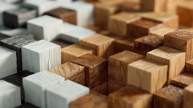 Wooden cube arrangement representing alignment, restructuring, and stepwise business transformation process.