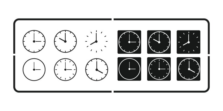 Collection of stylized clock faces illustrating different times and styles for graphic design elements