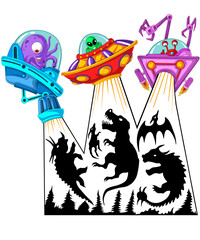 Funny aliens in UFO spaceships abducting dinosaur silhouettes with light beams, cartoon space illustration © Totu Tayo