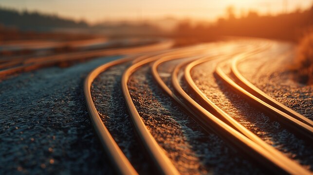 Curved railway track at sunset symbolizing leadership coaching and path, direction, decision point and forward momentum.