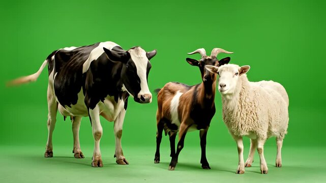 Three farm animals, a cow, goat, and sheep, are standing together in a studio, isolated on a bright green screen.
