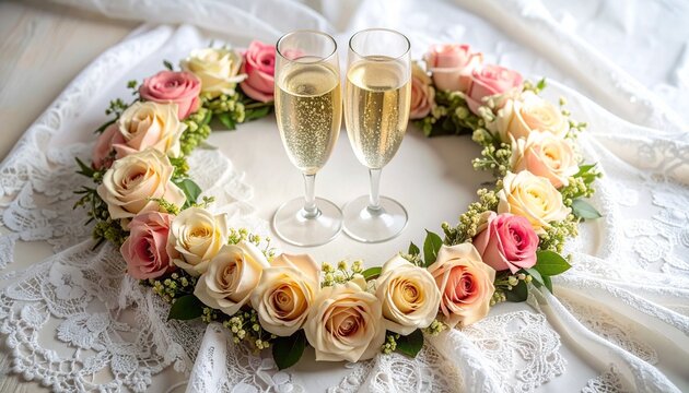 ハート形に作られたバラのリースとシャンパングラスが並ぶロマンチックなシーン。
花の華やかさとグラスの輝きが祝福の雰囲気を演出する。
赤やピンクのバラと透明なグラスが美しいコントラストを生む。
結婚式、記念日、愛、祝賀などのテーマに適したイメージ。