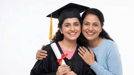 proud young indian graduate standing with her mother