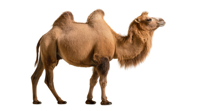 Large furry light-brown dromedary camel standing in profile displaying its hump and long legs, isolated on transparent background for animal graphics
