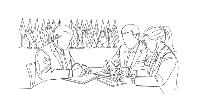Peace Agreement. Minimalistic one-line drawing delegates signing treaty with flags in background, continuous single black line on white background, simple