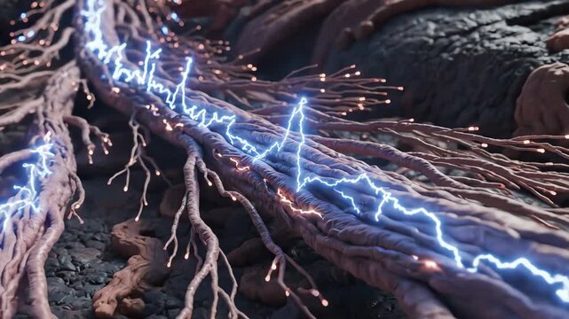 Peripheral nerves carrying weak and irregular electrical signals. Along the long nerve fibers of the arms and legs, impulses that should travel smoothly begin to flicker and slow