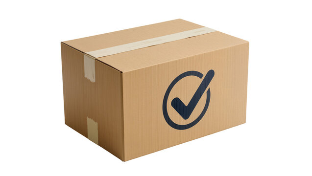 Brown cardboard shipping box with a black checkmark symbol, isolated on transparent background for delivery confirmation and package tracking concepts