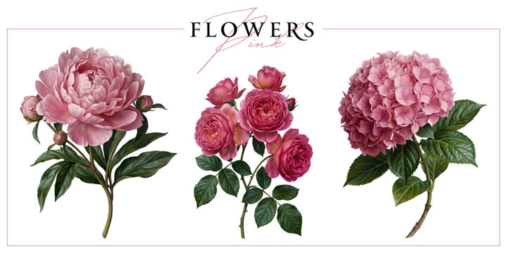 Pink garden flowers isolated on a white background. Vintage painting style illustration.