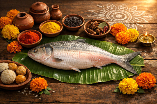 Fresh raw hilsha fish placed on green banana leaf with traditional spices for pohela boishakh, bengali new year and hindu festivals preparation and cultural cooking