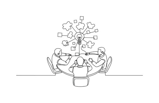 Shared Brainstorming. Minimalistic one-line drawing individuals around table adding notes to central idea, continuous single black line on white background,