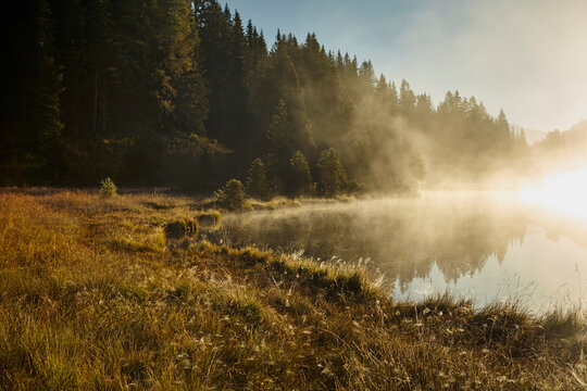 Morning sunlight illuminating soft fog over Lake Prebersee, Austria
