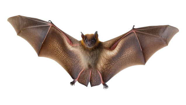 Dark brown fruit bat with extensive leathery wings spread wide displaying detailed fur texture, isolated on transparent background for wildlife designs