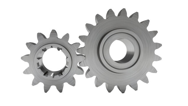 Two metallic silver gears one smaller than the other displaying intricate teeth and central bore, isolated on transparent background for mechanical diagrams
