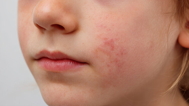 Closeup of child face with localized rash and red patch on cheek highlighting skin irritation and dermatology issue