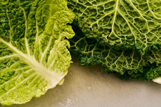 Close up of textured, vibrant green Savoy cabbage leaves
