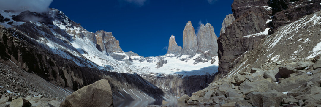 Sunny majestic view of Torres del Paine mountains, Patagonia
