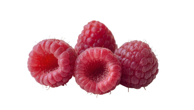 Three plump vibrant red raspberries with delicate green stems and tiny seeds, isolated on transparent background for healthy food marketing