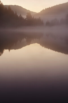 Tranquil fog and silhouetted reflections over the surface of Lake Prebersee at sunset, Salzburg
