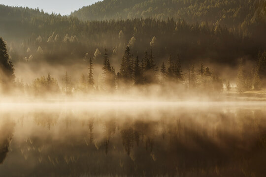 Tranquil scene of morning sunlight and soft fog over Lake Prebersee, Austria
