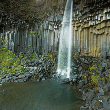 Beautiful waterfall over rocks, Svartifoss, Iceland
