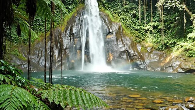 A majestic waterfall cascades down a rocky cliff face into a clear turquoise pool surrounded by lush green tropical vegetation and hanging vines