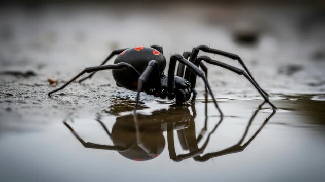 Close-up of a black widow spider with red spots on a wet, reflective surface