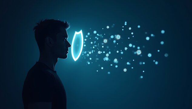 A glowing shield surrounding a human silhouette while germs and bacteria bounce off, symbolizing immunity, protection, and hygiene awareness
