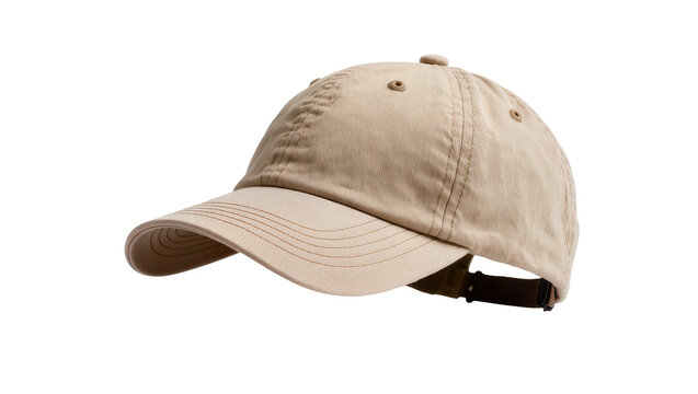 Worn beige baseball cap with slightly curved brim and adjustable strap, isolated on transparent background for apparel mockups and fashion designs