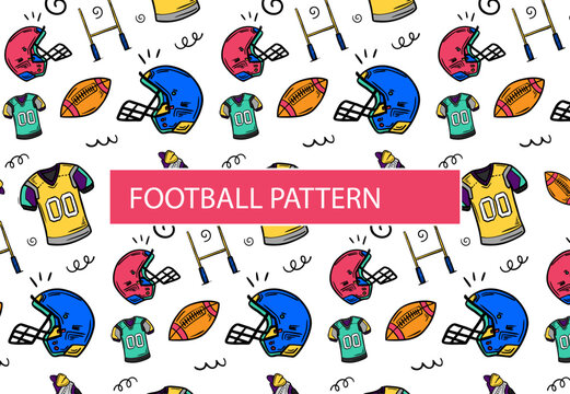 Colorful American Football Hand Drawn Seamless Pattern with Helmets and Jerseys