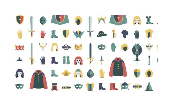 costume motifs seamless pattern, repeating pattern, surface design, textile print, modern illustration of swords, shields, wigs, masks, gloves, capes, boots,