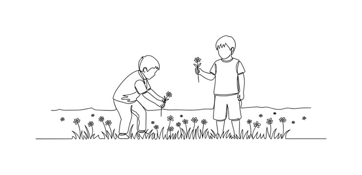 Flower Picking. Minimalistic one-line drawing kids picking flowers in field, continuous single black line on white background, simple outline style, no