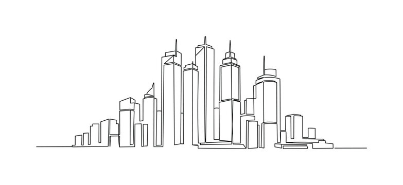 Metropolitan Skyline. Minimalistic one-line drawing modern urban cityscape with tall buildings, continuous single black line on white background, simple