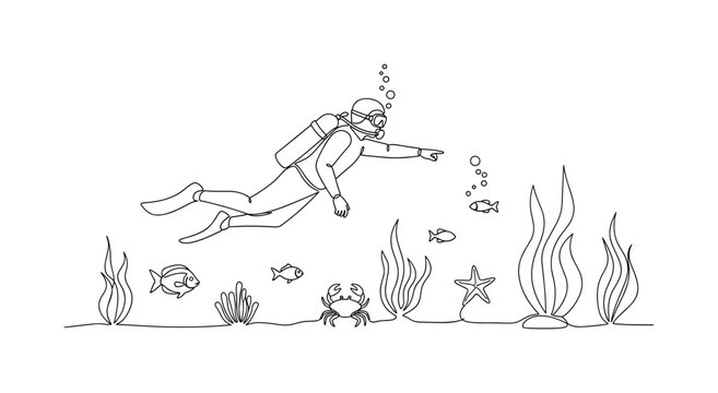 Underwater Observation. Minimalistic one-line drawing diver inspecting ocean floor and creatures, continuous single black line on white background, simple