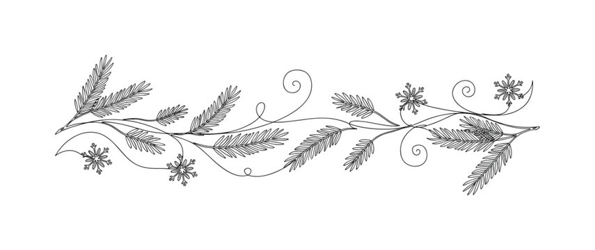 Winter Background. Minimalistic one-line drawing abstract snowy elements and pine branches, continuous single black line on white background, simple outline