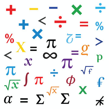 Colorful math symbols including pi, infinity, roots, and operations scattered randomly