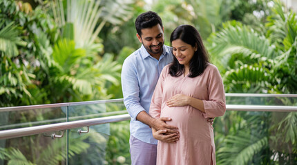 Expectant Indian couple smiles, husband holds wife's pregnant belly.