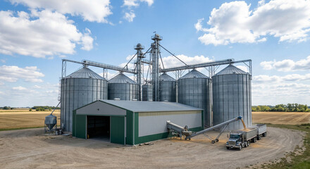 Obraz premium Huge steel farm grain storage facility 4K