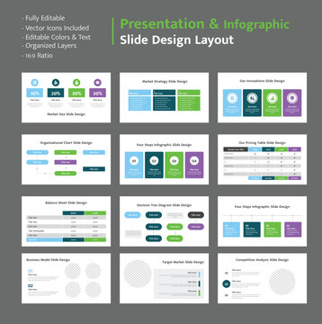 Presentation slides for market strategy, organizational charts, and key financial data