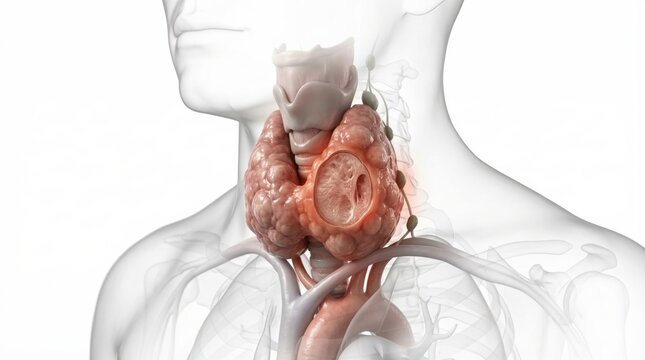 Medical visualization of thyroid goiter showing massive multinodular enlargement symmetrically swollen gland compressing trachea posterior inside white silhouette neck context clinical endocrinology