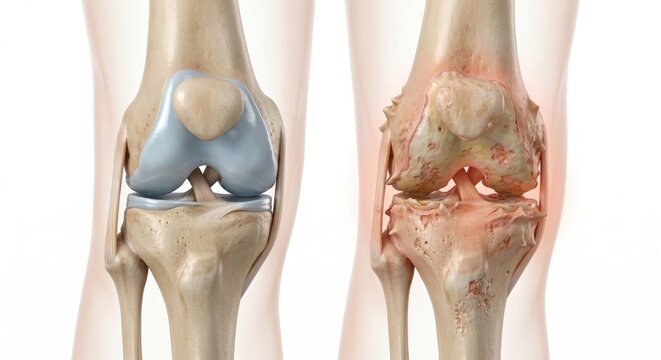 Osteoarthritis knee visualization showing comparison between healthy joint smooth cartilage and diseased joint with bone spurs plus cartilage erosion inside leg silhouette orthopedics diagnostic