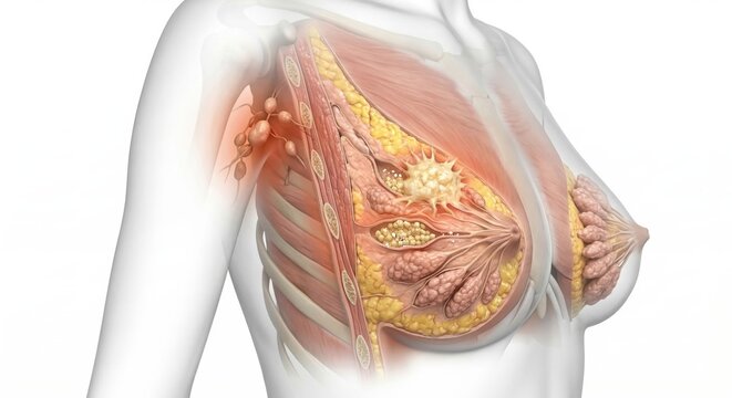 Breast cancer visualization showing DCis in ducts with microcalcifications and invasive tumor mass infiltrating surrounding adipose tissue inside thoracic silhouette clinical oncology illustration