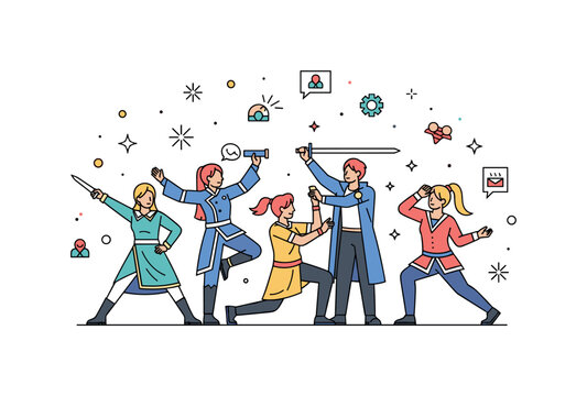 Group cosplay dynamic action pose scene where cosplayers act out character scenes while tiny sparkle and star icons emphasize creativity, collaboration, and