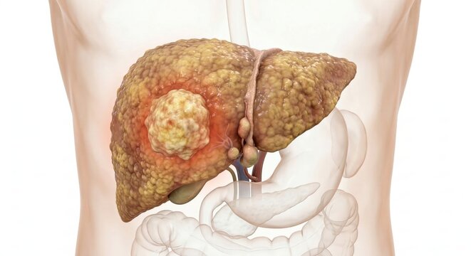 Medical visualization of primary Hepatocellular Carcinoma showing large solitary infiltrative tumor mass in cirrhotic, nodular liver inside ghostly silhouette context clinical oncology illustration