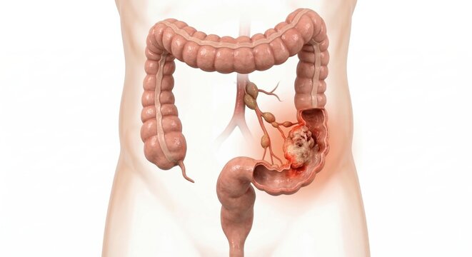 Medical visualization of human colon cancer showing an irregular, fungating tumor mass in the sigmoid colon and associated mesenteric lymphadenopathy inside a ghostly silhouette context