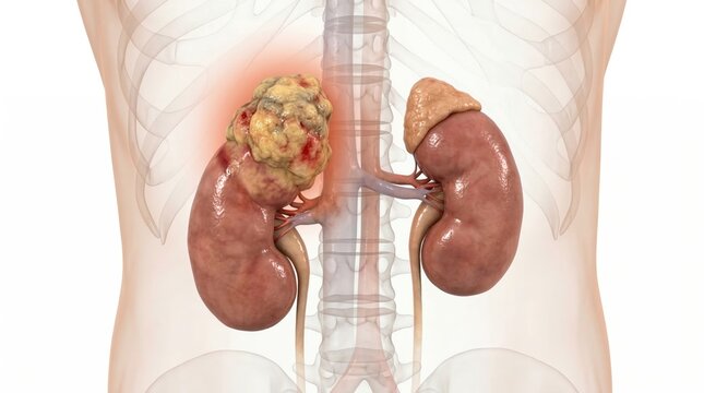 Medical visualization of primary Adrenocortical Carcinoma showing large solitary nodular infiltrative tumor mass arising from adrenal cortex, invading adjacent kidney, clinical oncology illustration